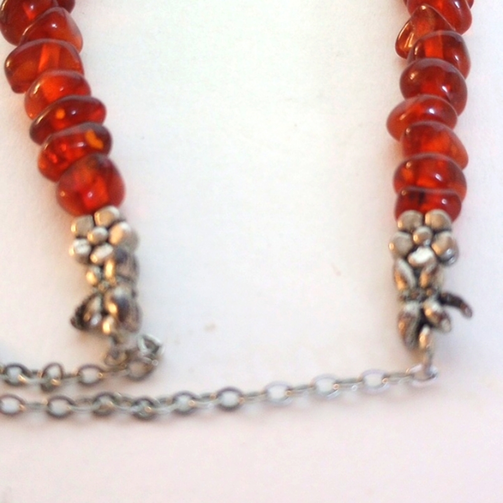 BALTIC AMBER NECKLACE 19 " LONG SILVER PLATED FLOWERS DRAGONFLY - Picture 4 of 6